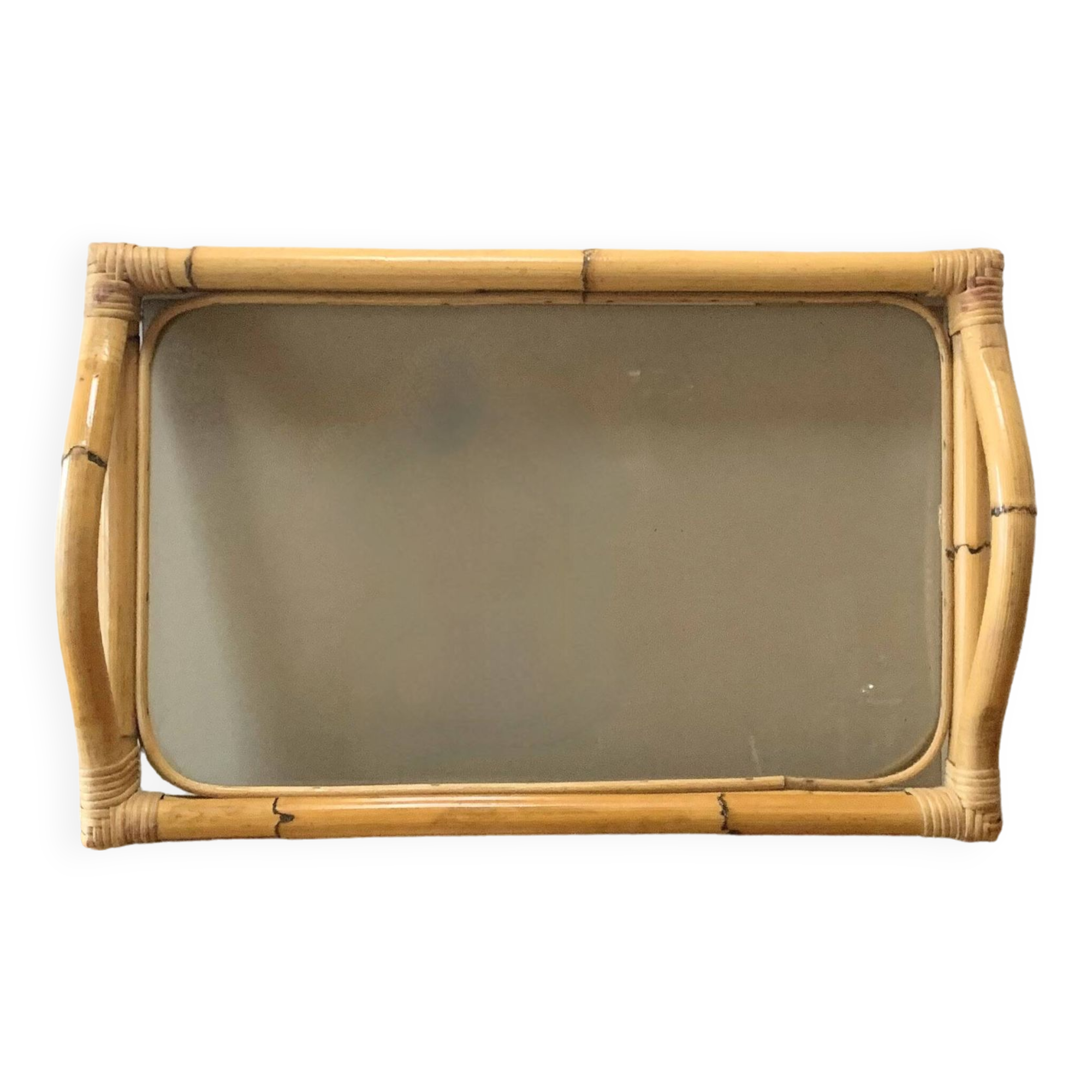Large vintage tray in bamboo and smoked glass