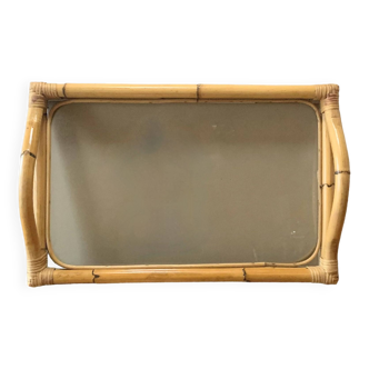 Large vintage tray in bamboo and smoked glass
