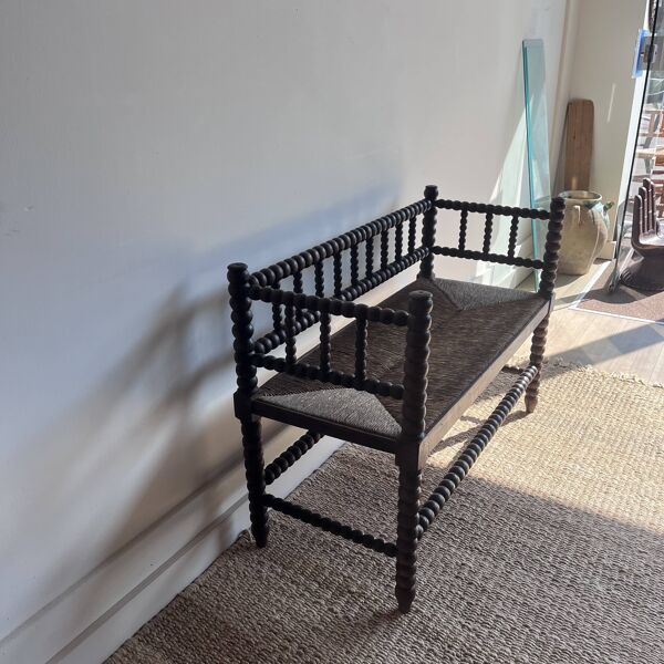 Banc bobbin bois tourné assise jonc paille