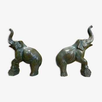 Pair of art deco bookends with elephant decoration in regulated and travertine, vintage