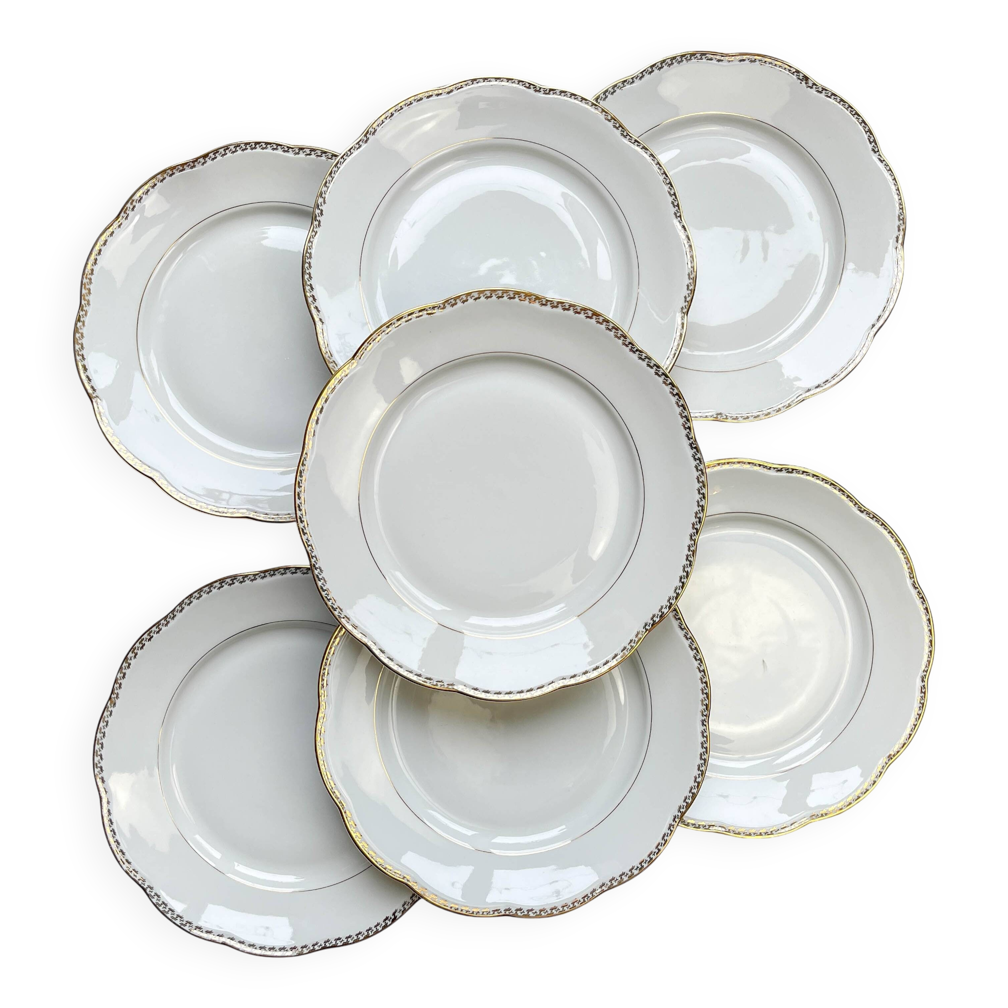 7 Vintage White and Gold Porcelain SPF Dinner Plates – Geometric