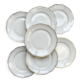 7 Assiettes plates vintage en porcelaine blanche et dorée SPF – géométrique