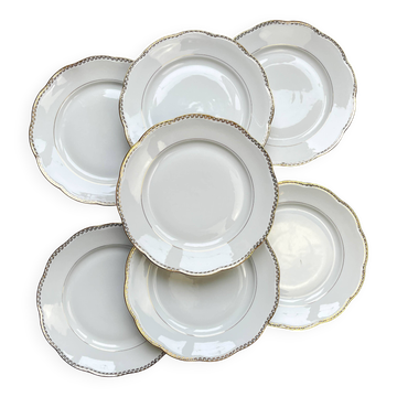 7 Vintage White and Gold Porcelain SPF Dinner Plates – Geometric
