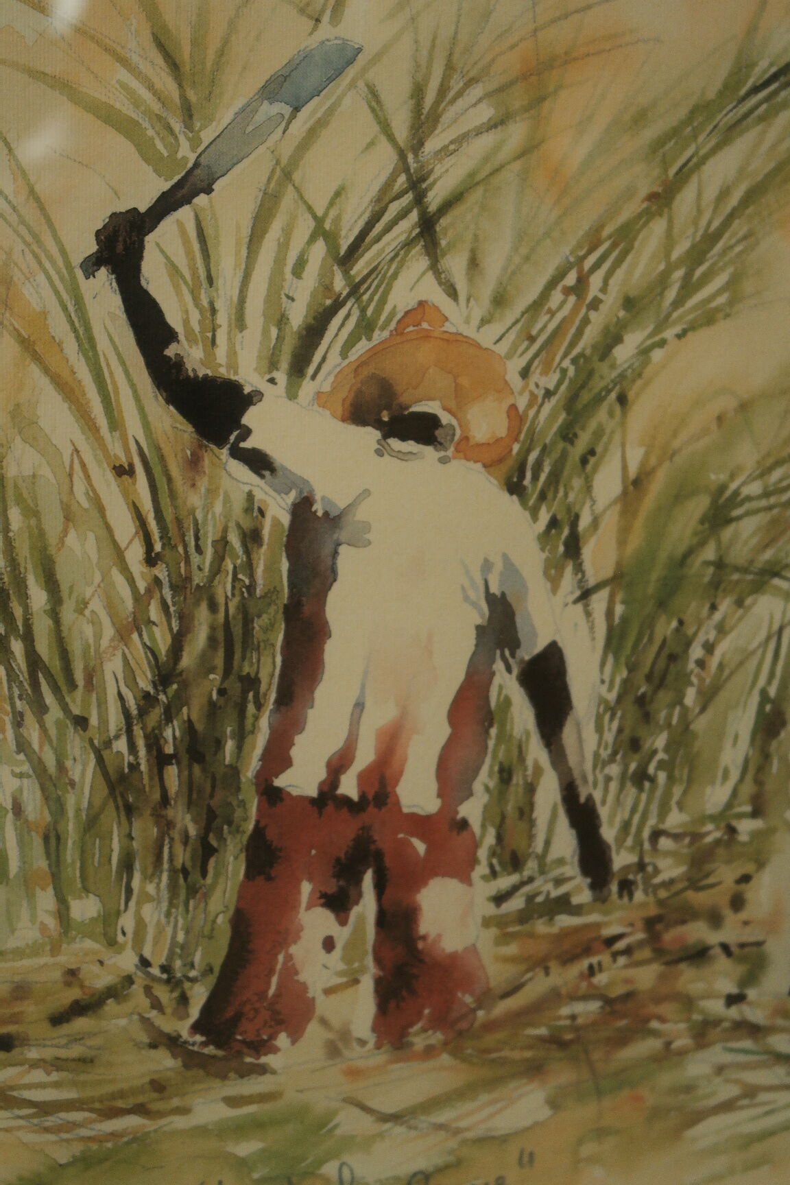 Numbered watercolor lithograph painting "the cane harvest"