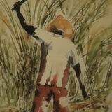 Numbered watercolor lithograph painting "the cane harvest"