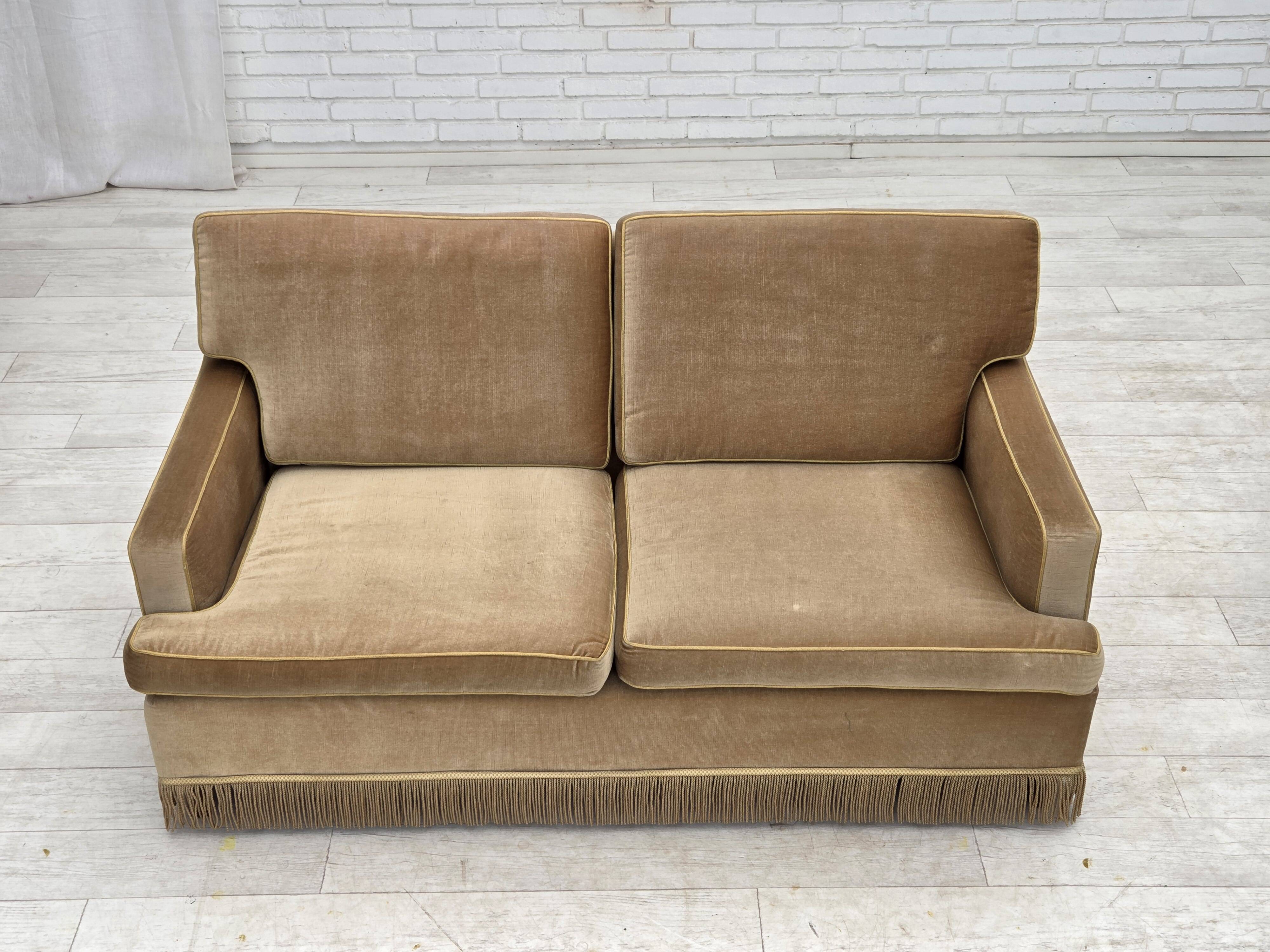 1970s, Danish 2-seater sofa, honey yellow furniture velour.
