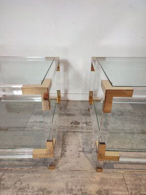 Set of 2 coffee tables in acrylic glass and brass, 1970s