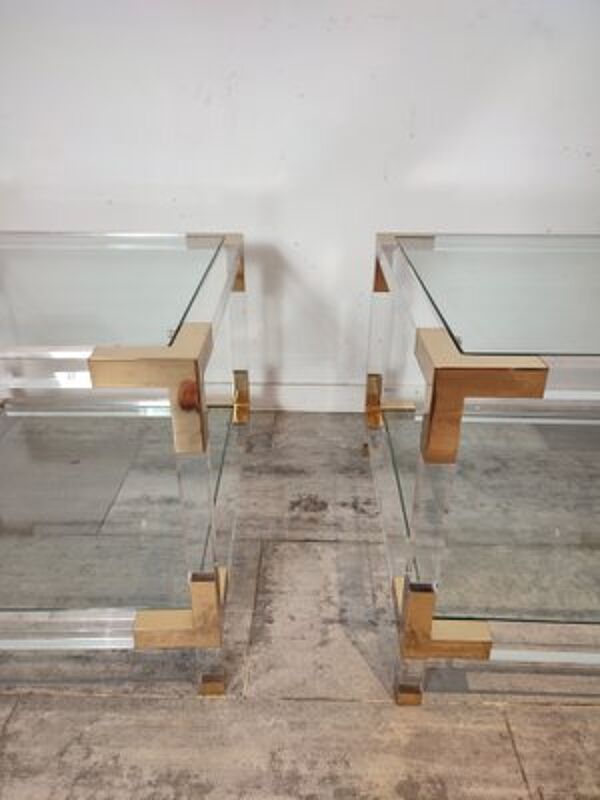 Set de 2 tables basses en verre acrylique et laiton, années 1970