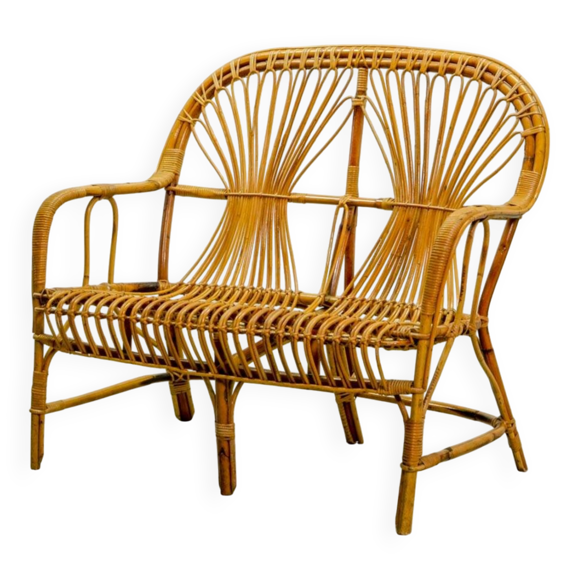 Elegant Rohé Style Vintage Design Rattan Bamboo Two-Seat Patio Sofa, 1950s.