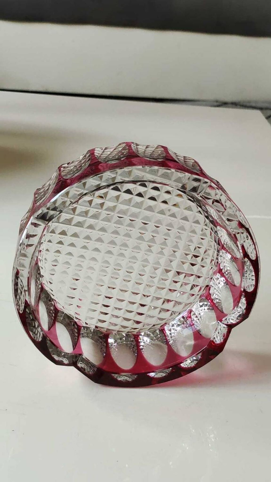 Large Val St-Lambert Ashtray/Vacuum Bin. Cranberry. Oval/Cross-hatched Patterns. Diam 15.5 cm