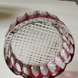 Large Val St-Lambert Ashtray/Vacuum Bin. Cranberry. Oval/Cross-hatched Patterns. Diam 15.5 cm