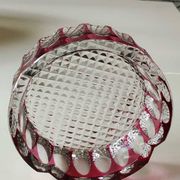 Large Val St-Lambert Ashtray/Vacuum Bin. Cranberry. Oval/Cross-hatched Patterns. Diam 15.5 cm