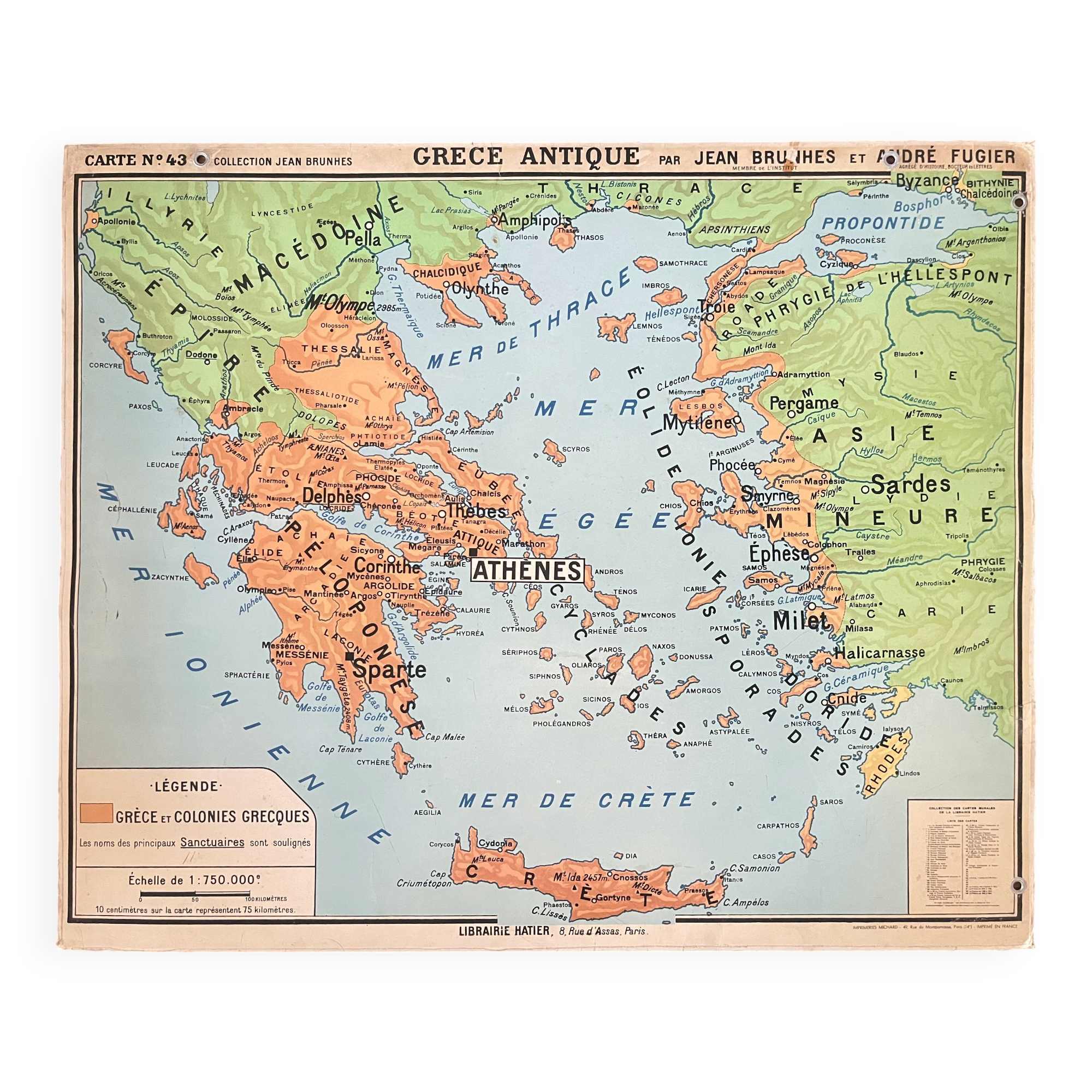 Old school map Hatier Brunhes 43, 1940 - Greece and ancient Italy