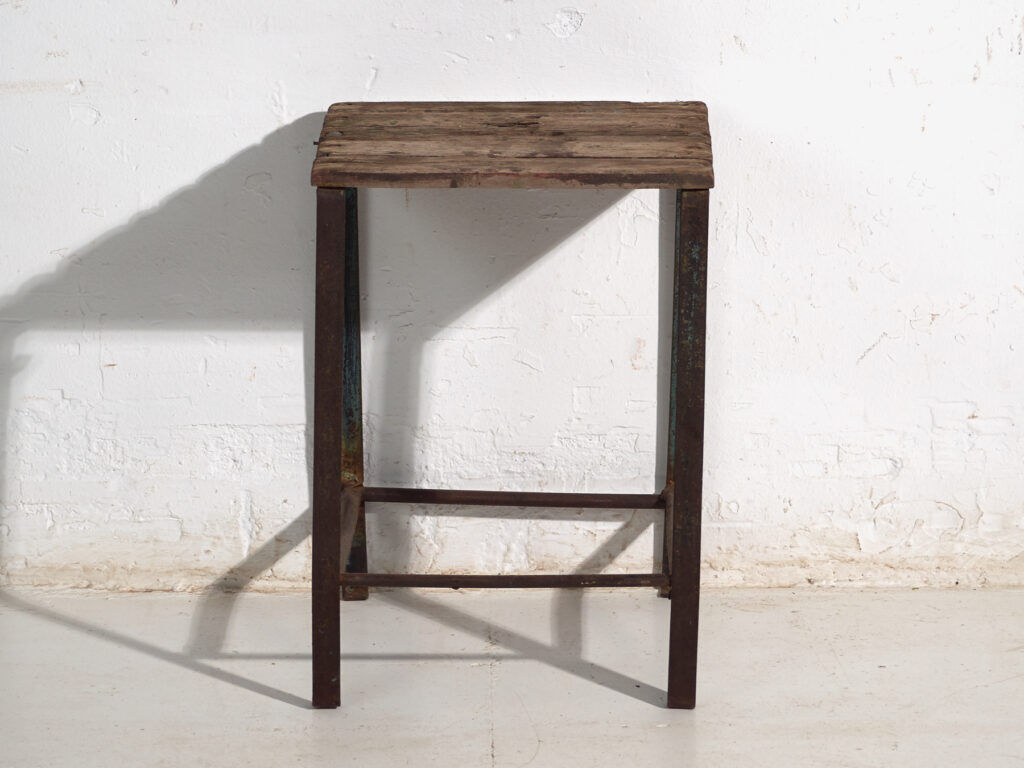 Vintage industrial stool made of pine wood and iron – Central Europe, around 1950