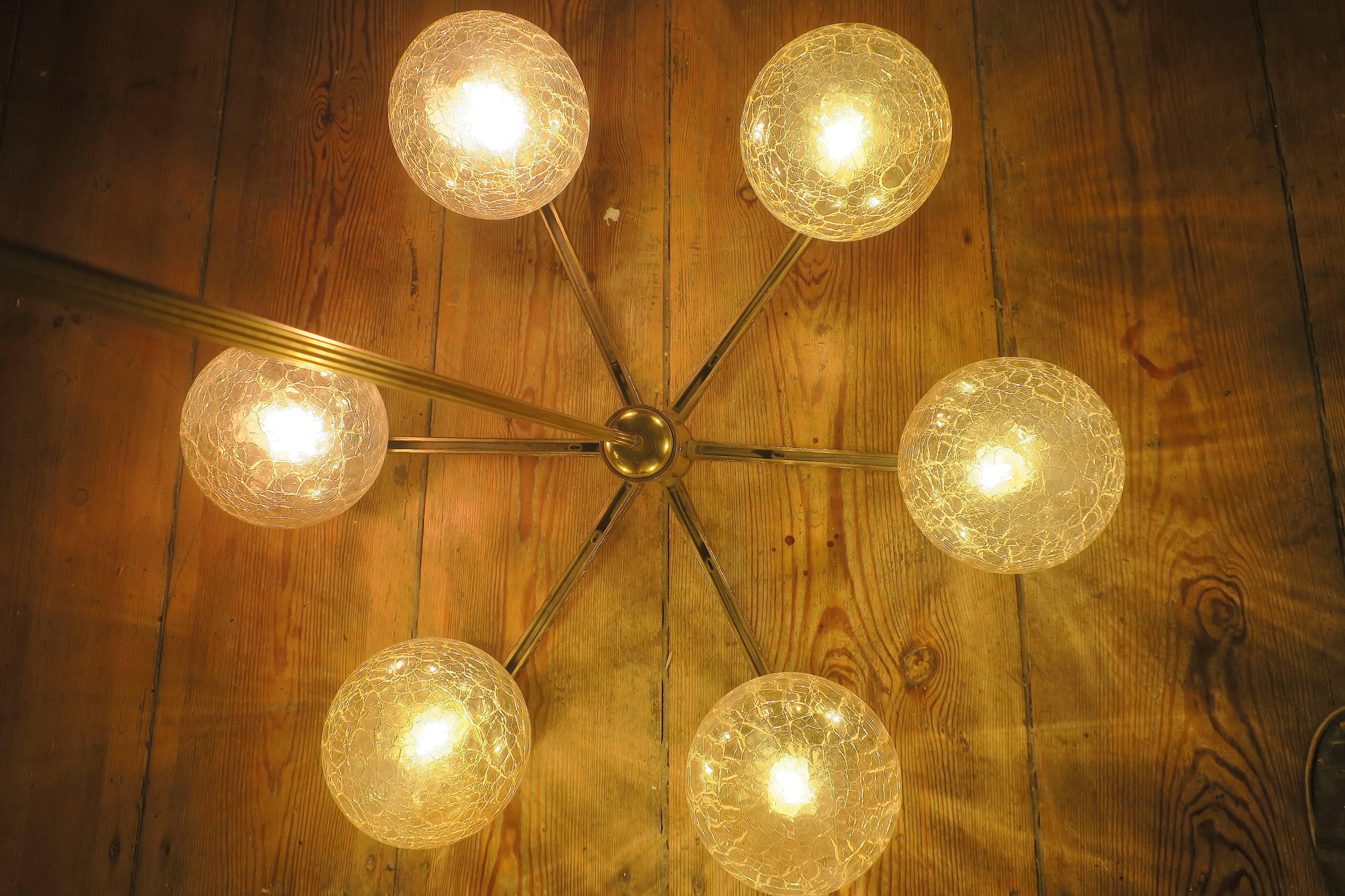 Angelo Brotto gold-plated brass chandelier with 6  globes, Italy 1960s