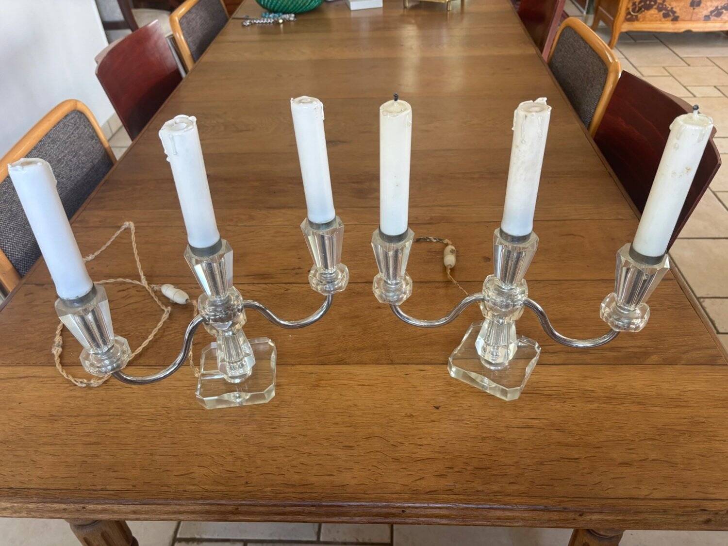 Pair of Electrified Art Deco Candle Holders – Cut Crystal & Chrome Metal 1
