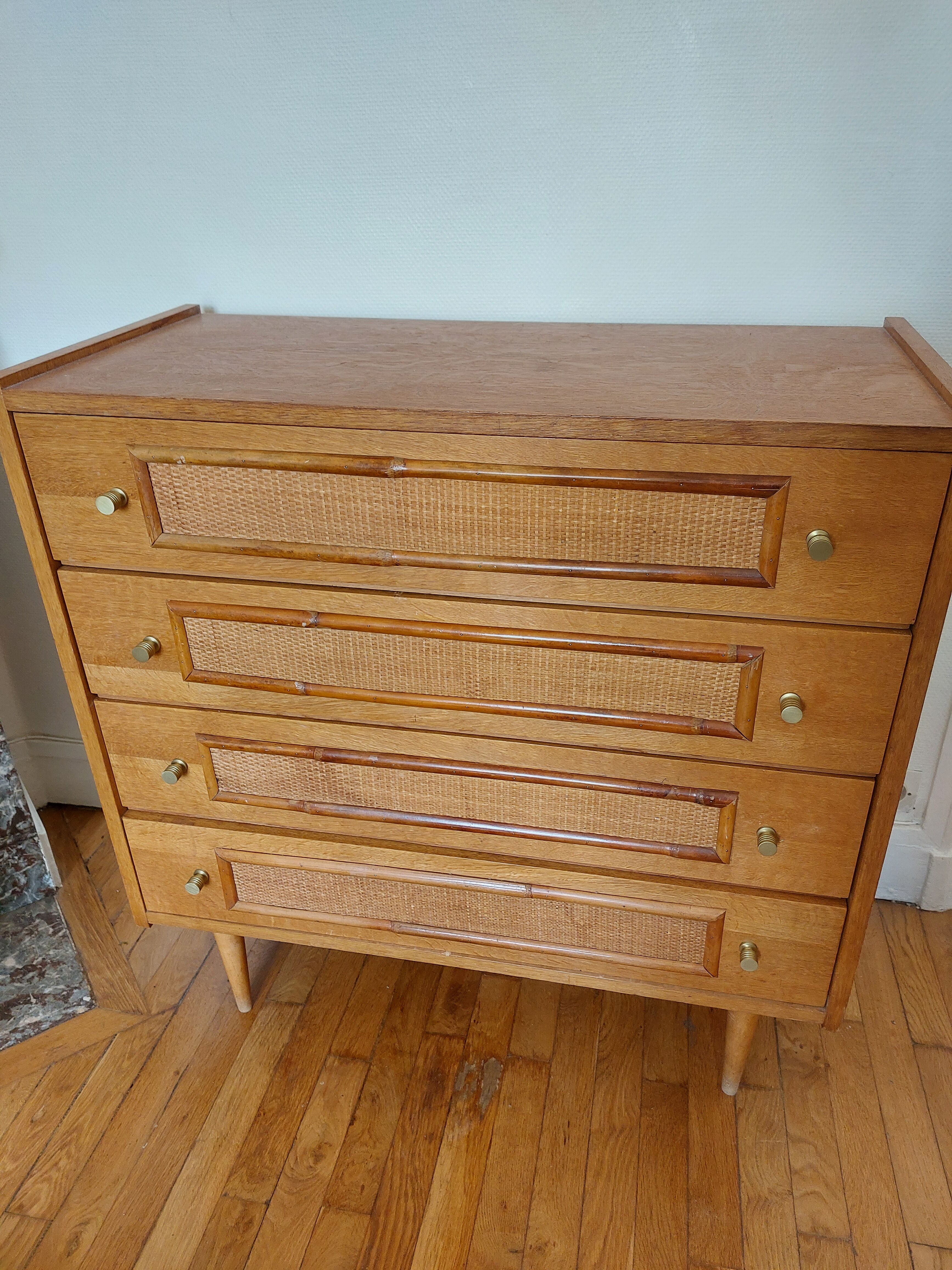 Vintage wood and rattan chest of drawers