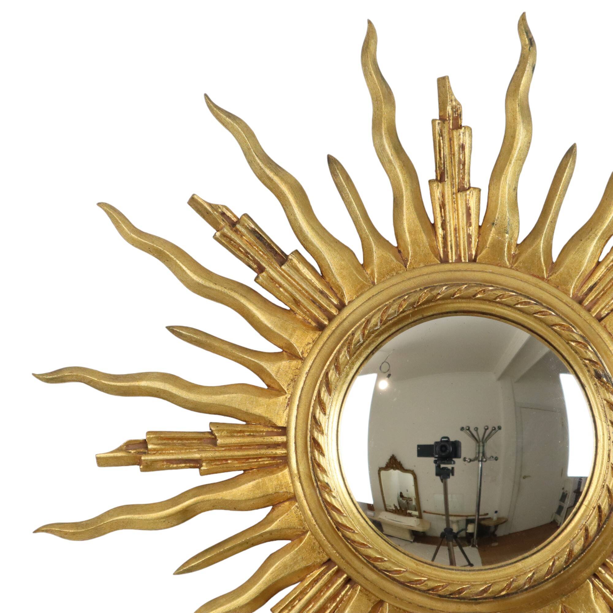 Large Wooden Sun Mirror Sunburst Butler Mirror Gold Witch Eye