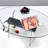 Oval Glass Coffee Table with Portoro Marble and Iron Base, Italy