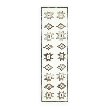 1970s Vintage Turkish Hand-Knotted Wool Cotton White Runner Rug 90X310