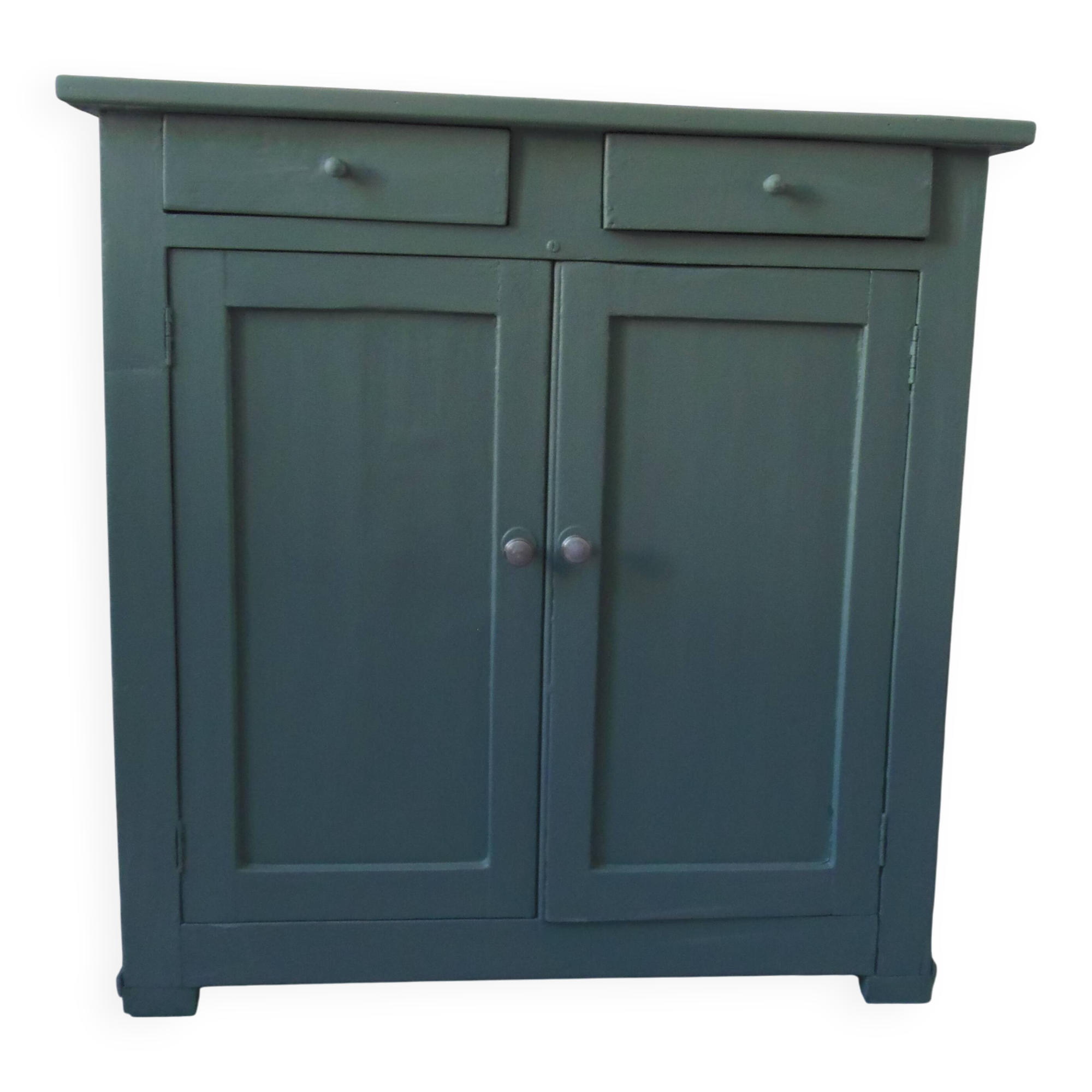Vintage Parisian sideboard with 2 doors and 2 drawers, re-enchanted in smoky green.