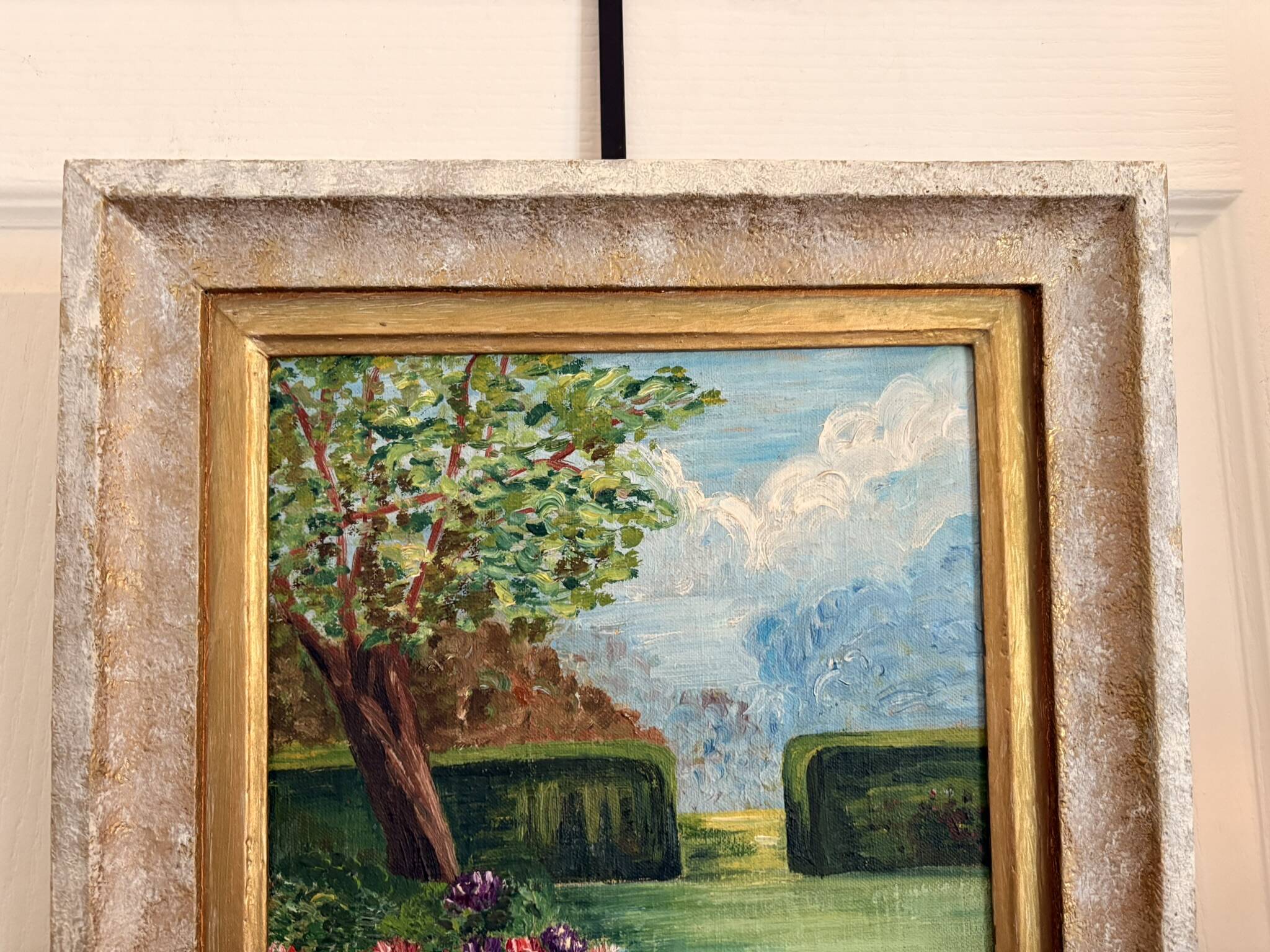 Old Oil Painting Canvas Garden Tree Flowers Rose Countryside Landscape