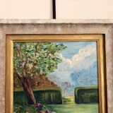 Old Oil Painting Canvas Garden Tree Flowers Rose Countryside Landscape