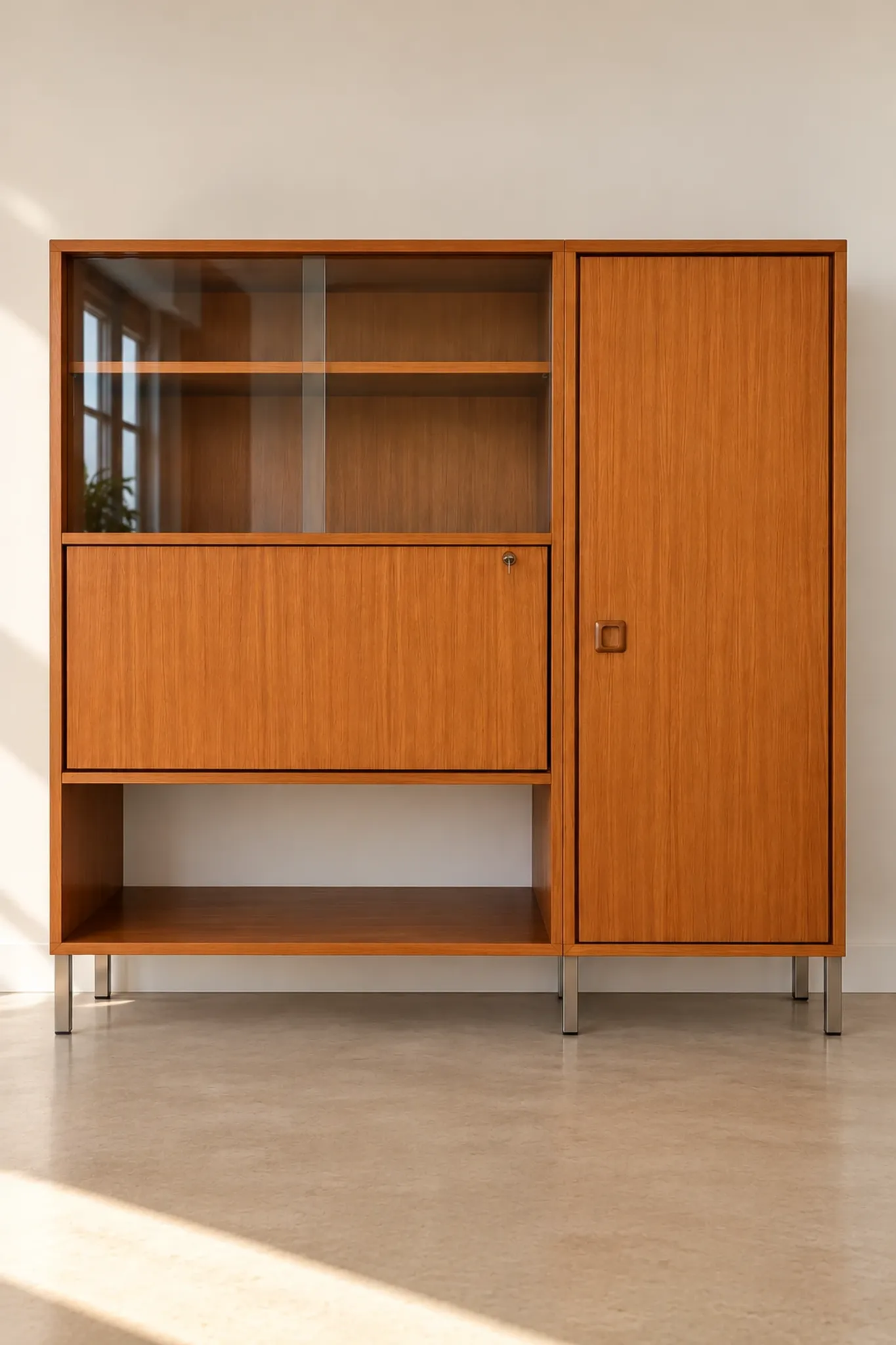 Bibliothèque vitrine scandinave pieds chromés vintage
