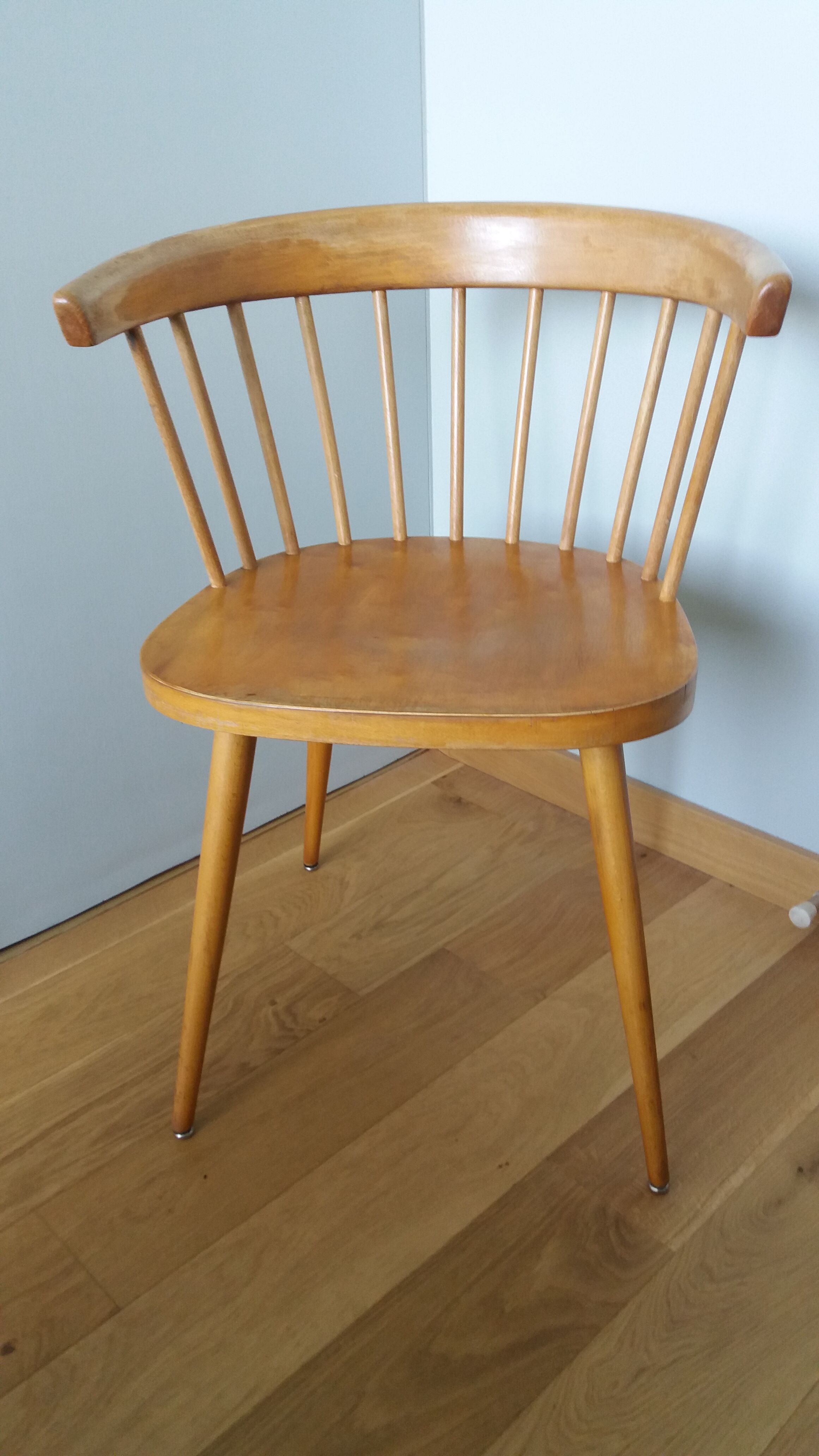 Fauteuil en bois, pieds compas, style scandinave, Baumann ou Thonet