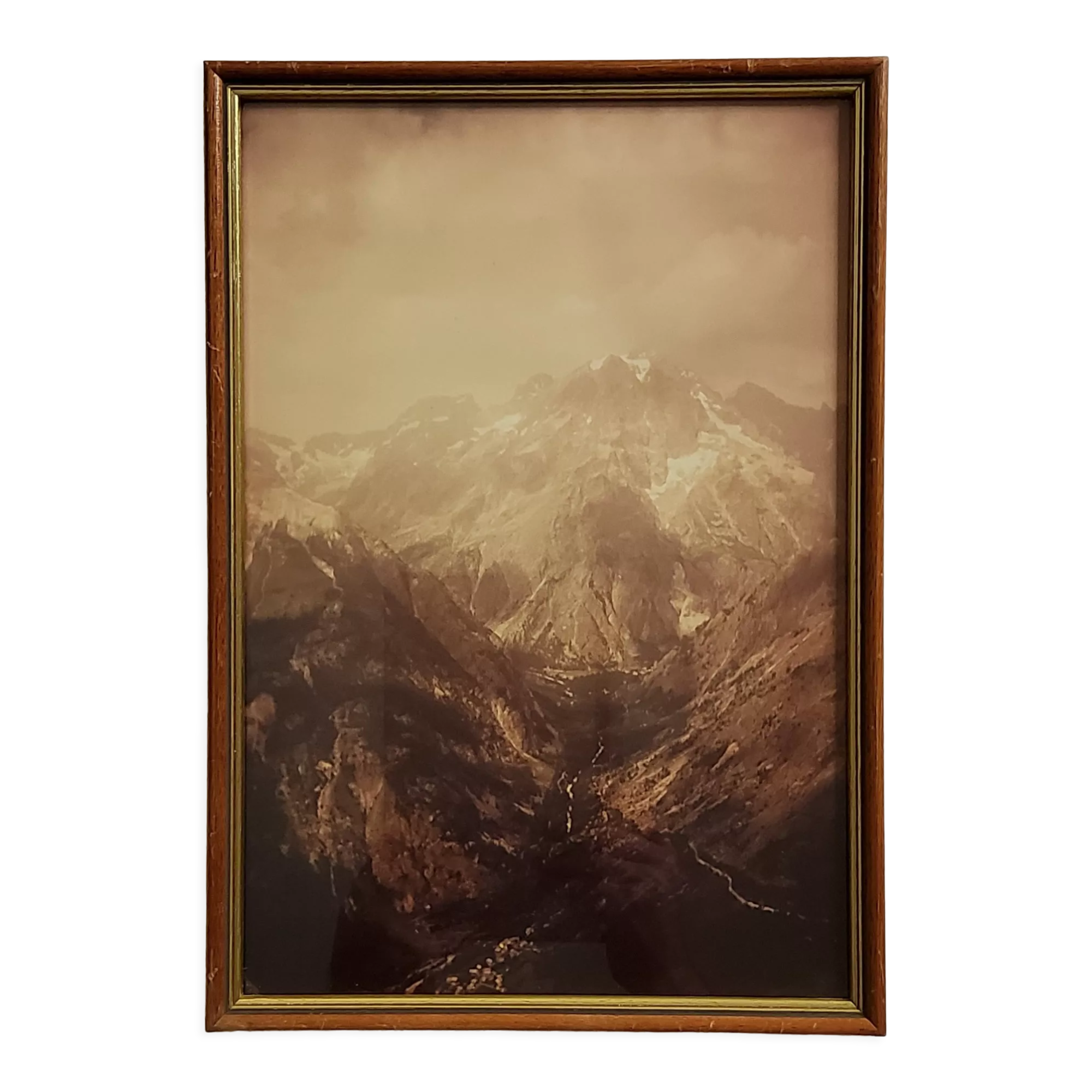 Old silver photo, massif des Ecrins, sepia tones, framed 36 x 25 cm