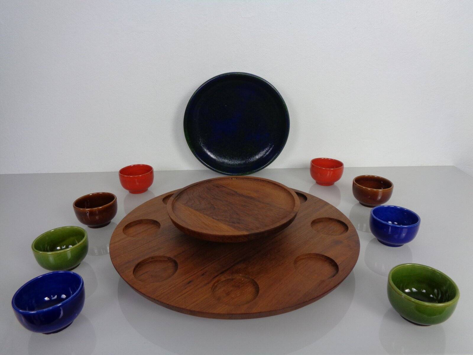 Rotating Teak Tray with Ceramic Bowls, Denmark, 1960s, Set of 10
