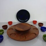 Rotating Teak Tray with Ceramic Bowls, Denmark, 1960s, Set of 10