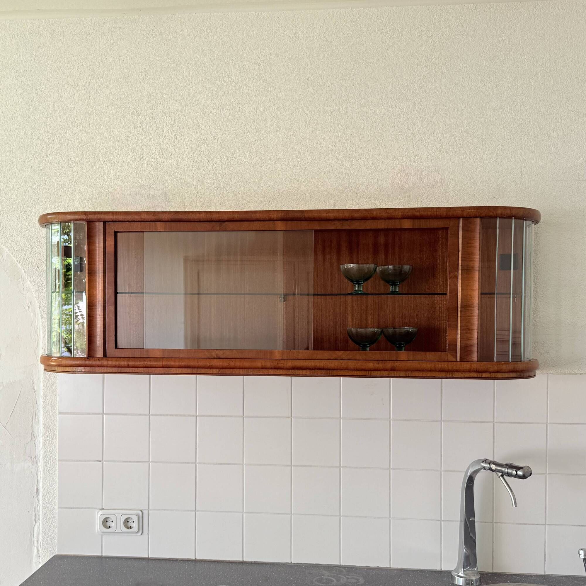 Polish Mid-Century Modern Wall Showcase Cabinet – Beveled Glass & Wood Vene