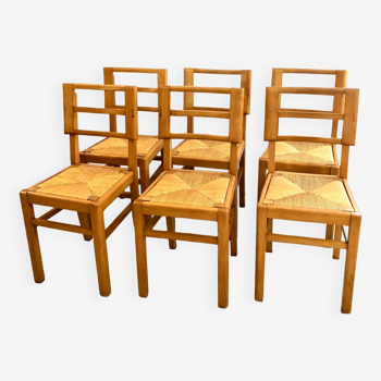 6 Pierre Cruege straw chairs, 1950