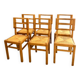 6 chaises paille Pierre Cruege, 1950