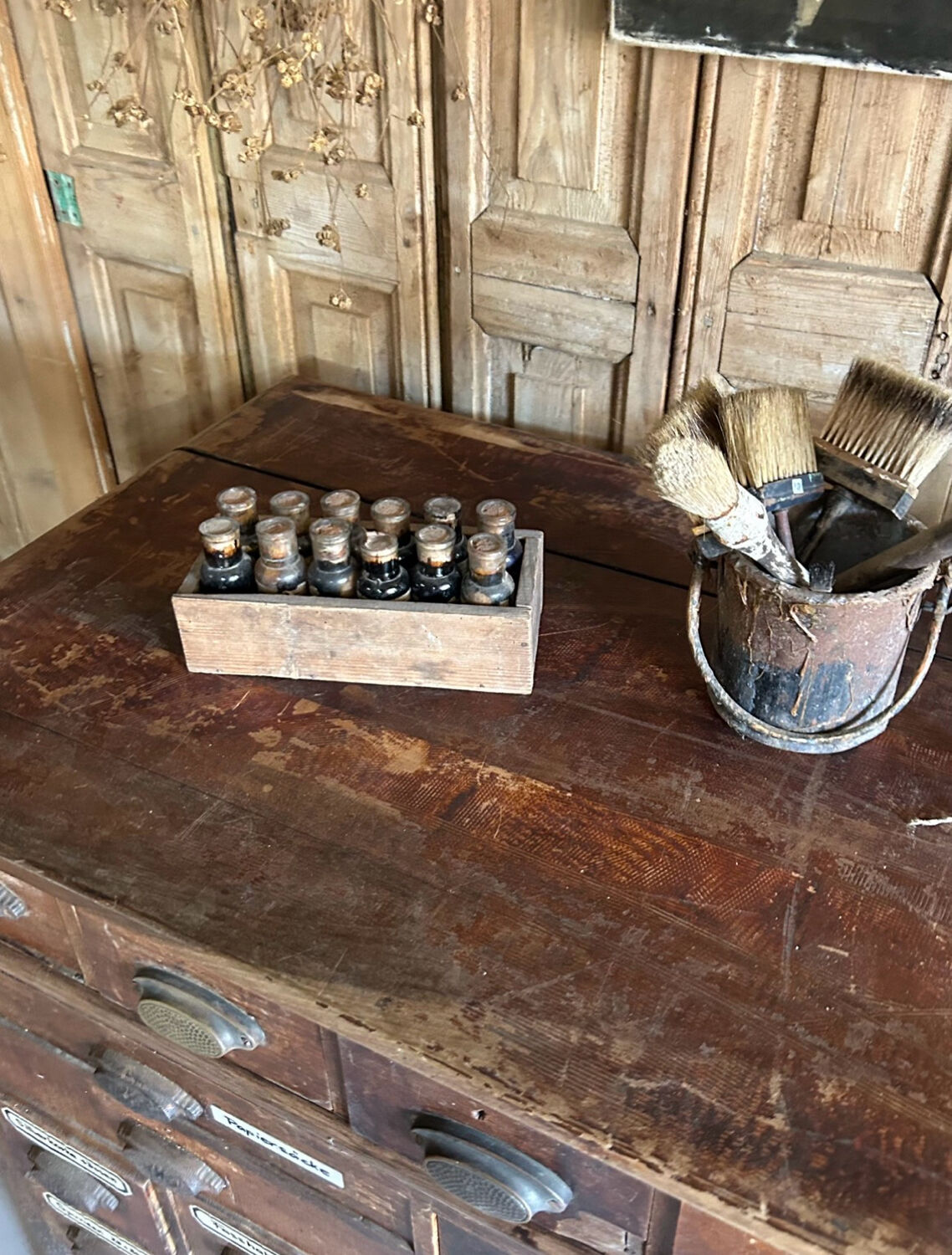 Exceptional antique apothecary workbench.