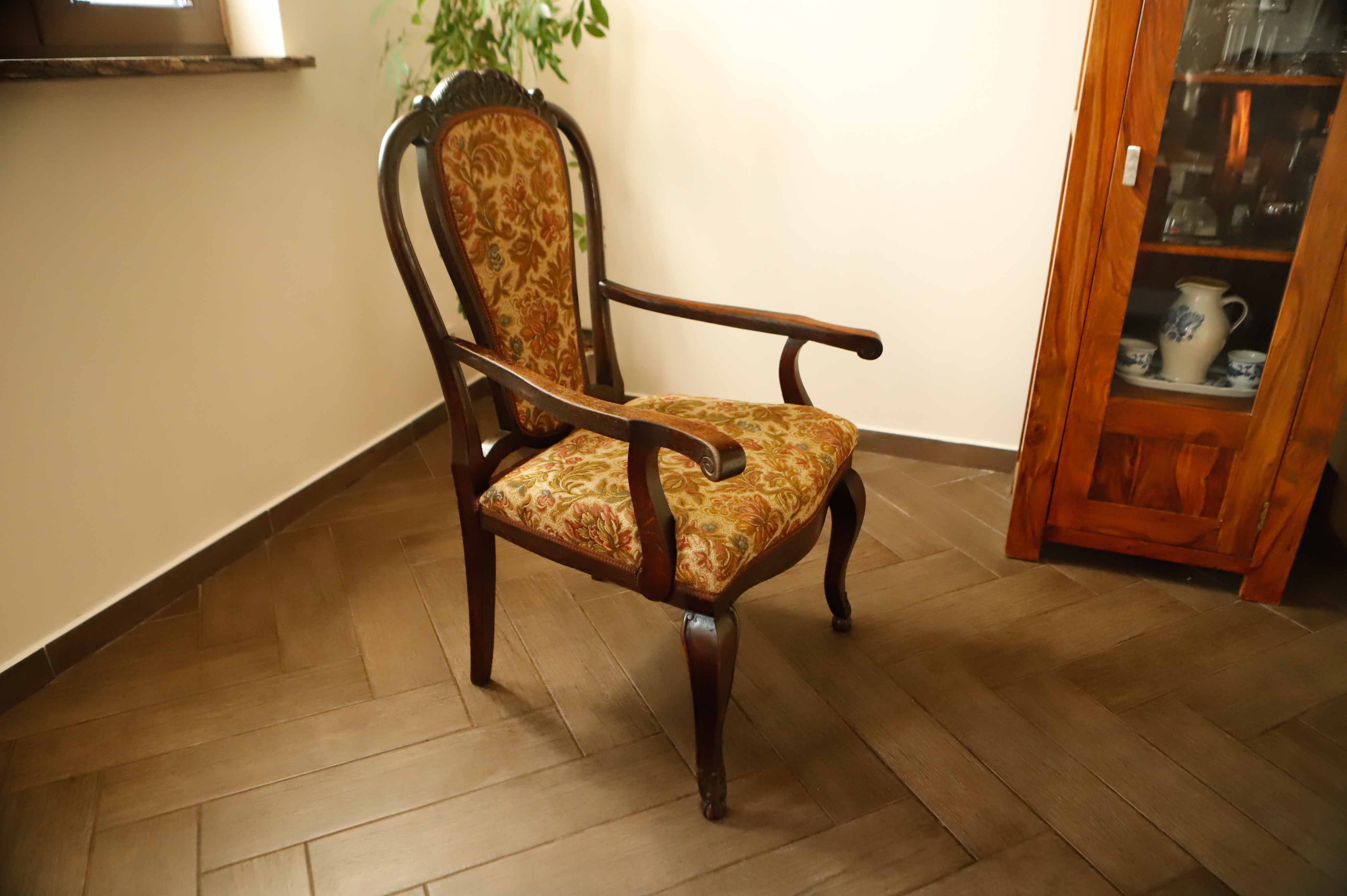 Antique Queen Anne Revival Carver Armchair with Floral Tapestry Upholstery