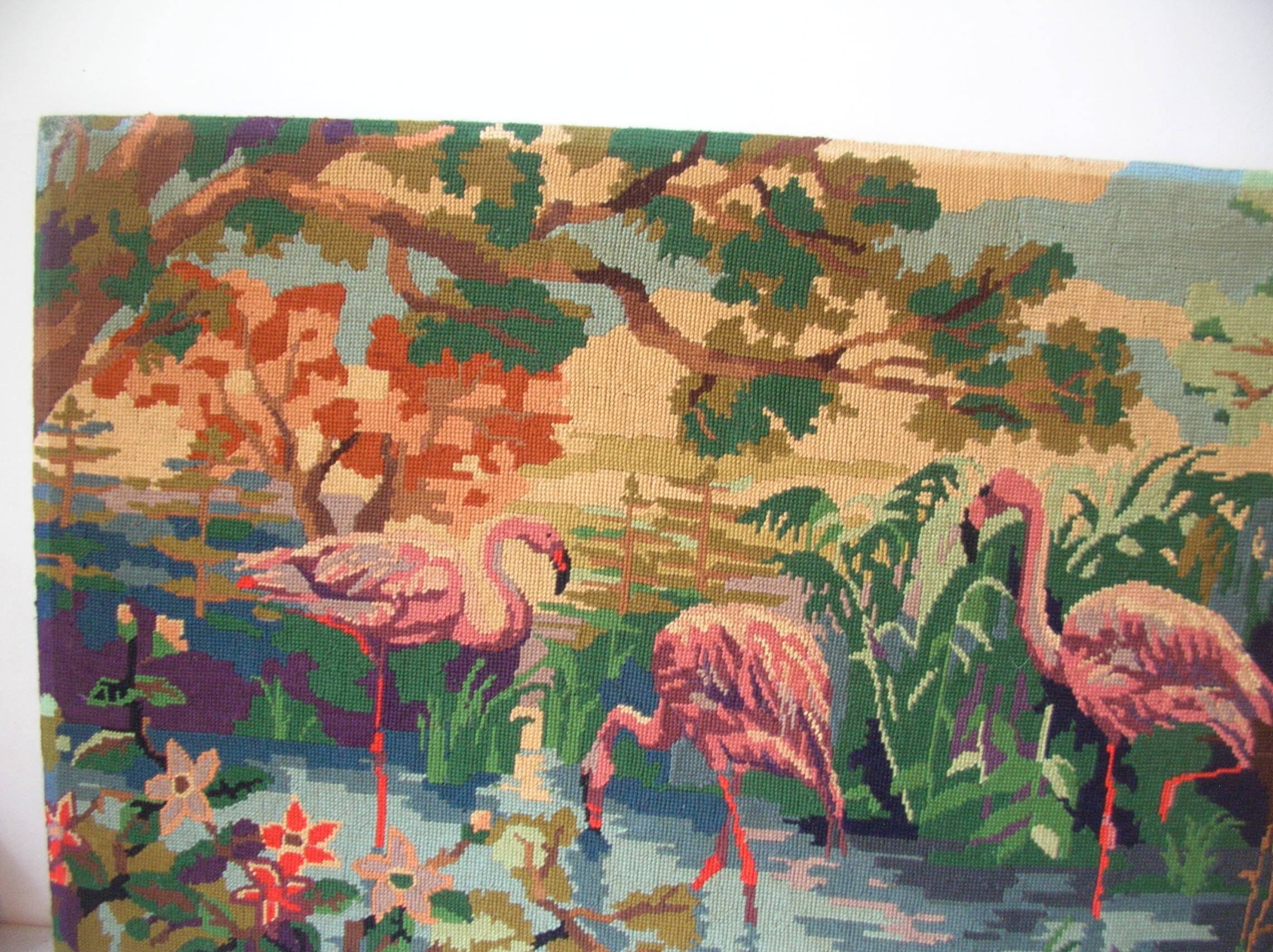 Old canvas tapestry made from a group of pink flamingos 102 cm vintage decoration 1970