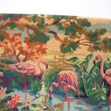 Old canvas tapestry made from a group of pink flamingos 102 cm vintage decoration 1970