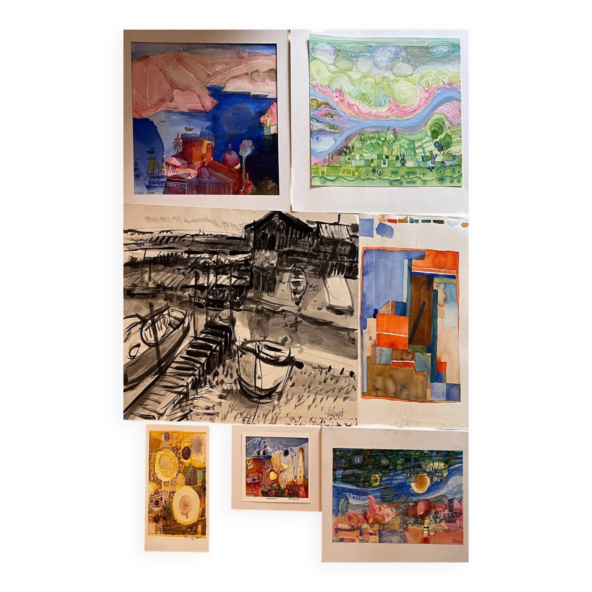 Lot de 7 tableaux aquarelles signées B. Lévêque "Carnet de voyage"