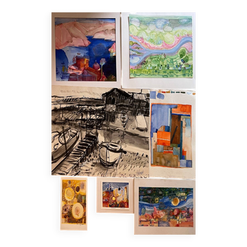 Set of 7 watercolour paintings signed B. Lévêque "Travel Notebook"