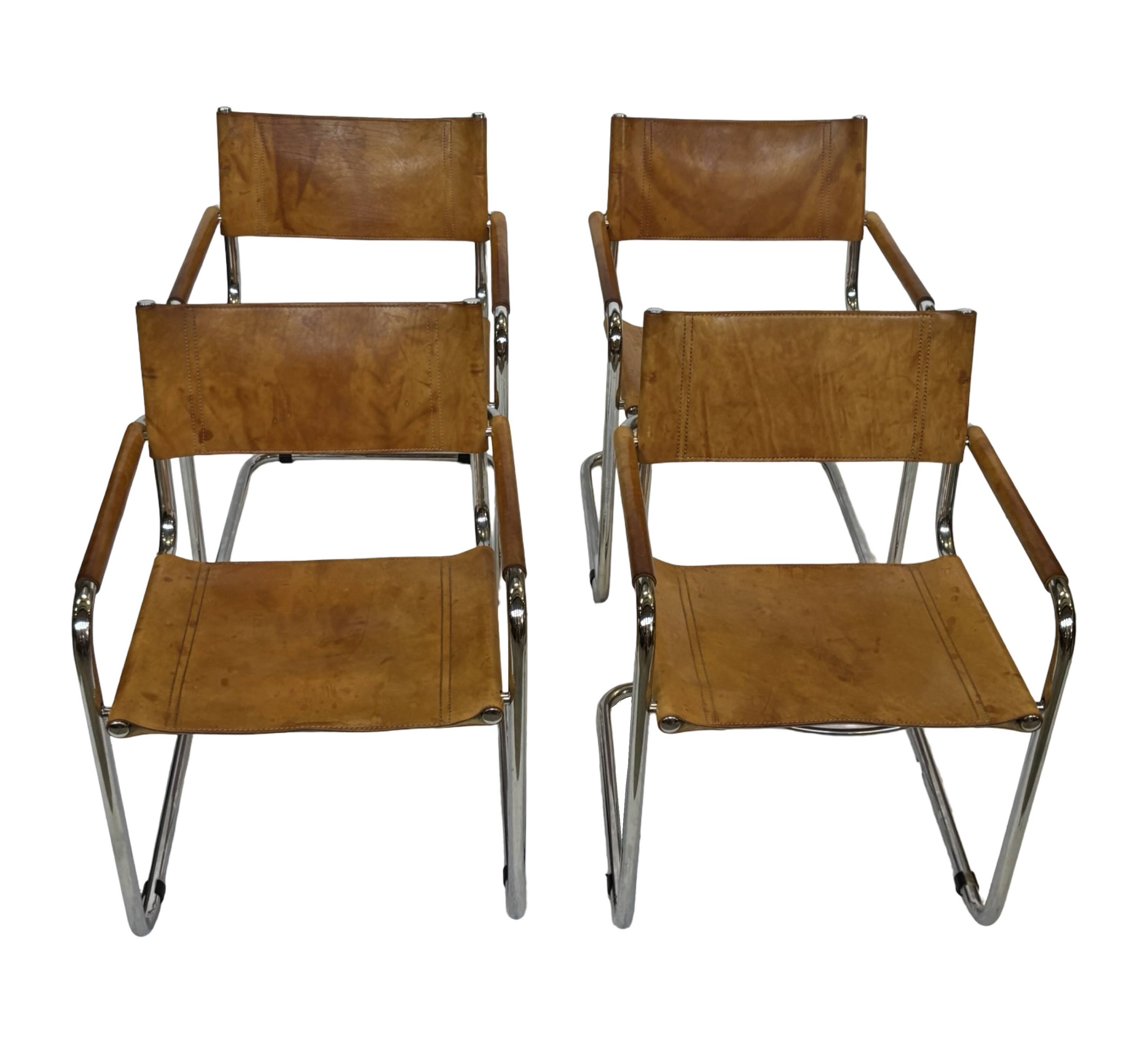 Ensemble de quatre fauteuils de salle à manger FASEM S34 en cuir Cognac par Mart Stam années 80