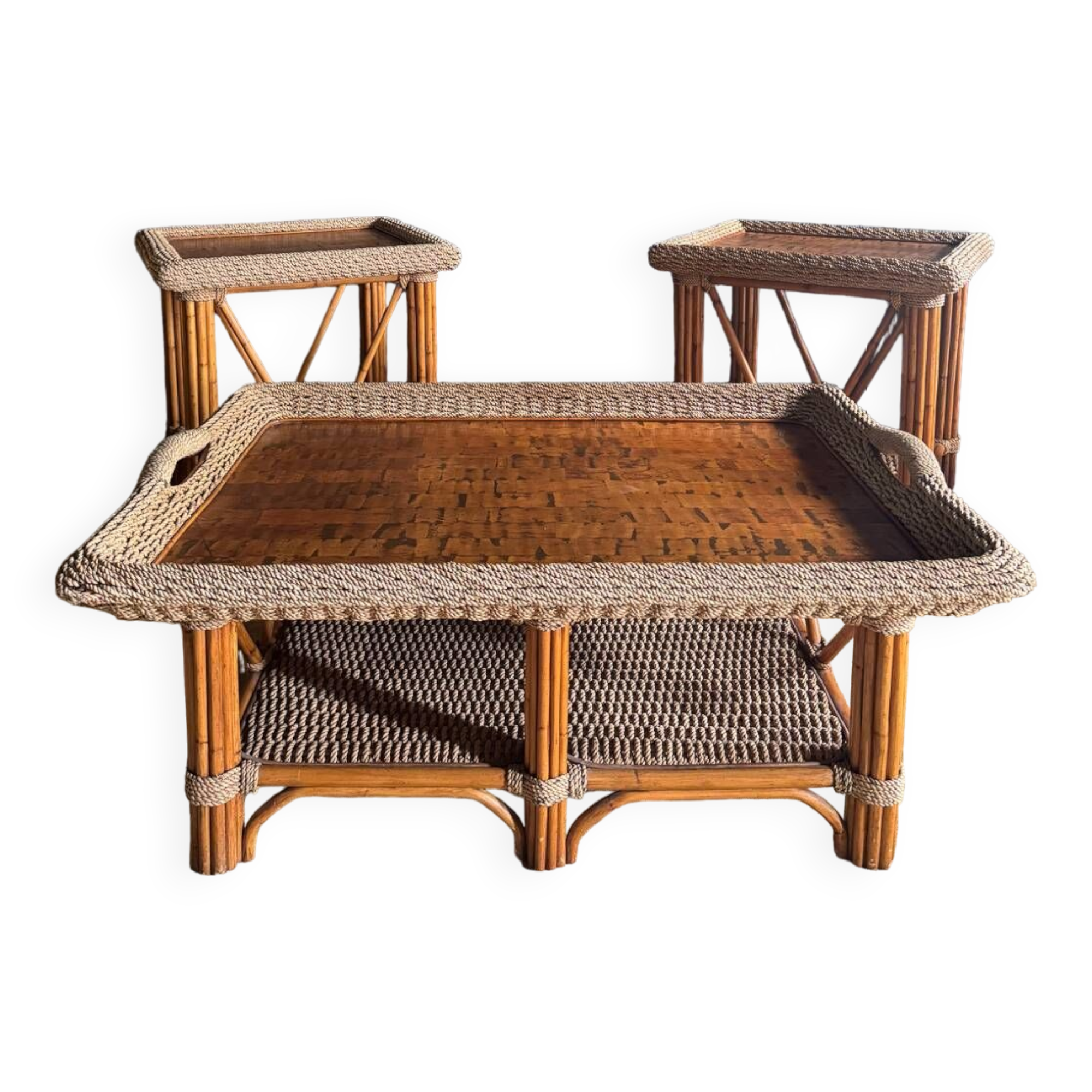 Coffee Table And Pair Of Sofa Ends From The 70s In Bamboo - 20th Century