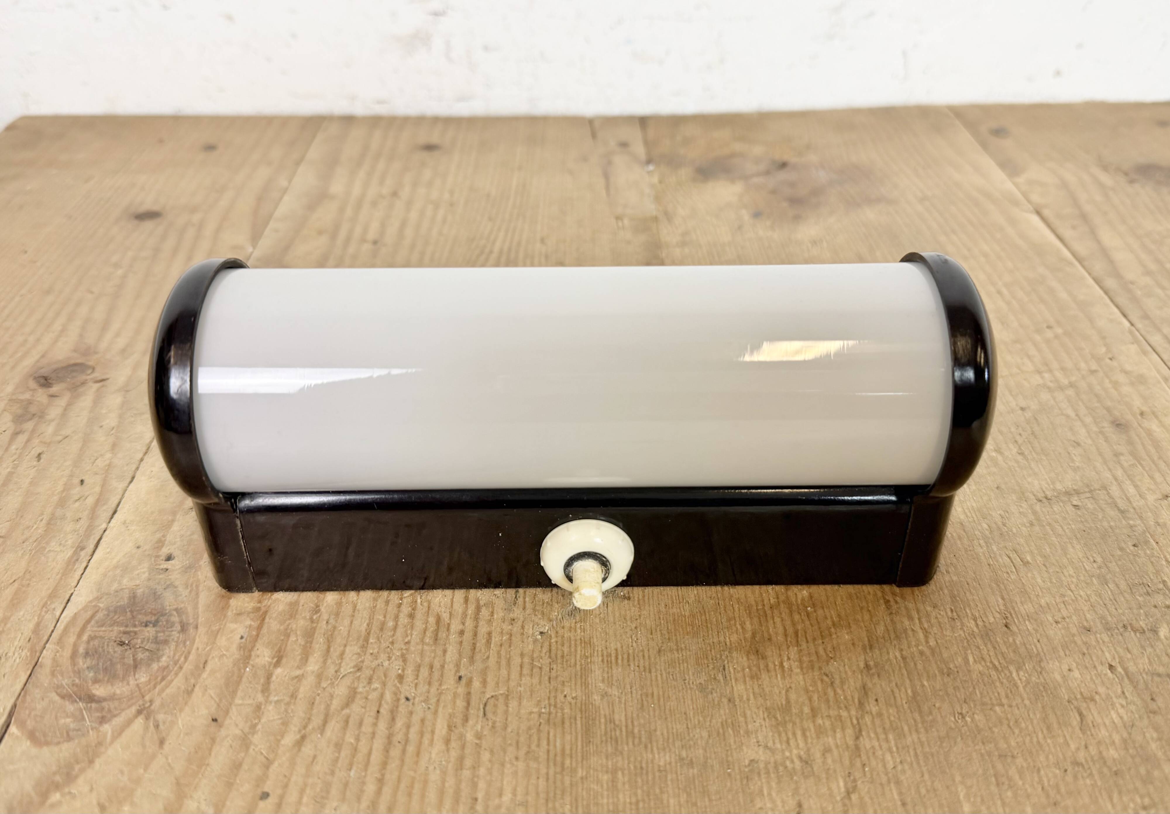 Industrial Brown Bakelite Wall Light with Milk Glass, 1950s