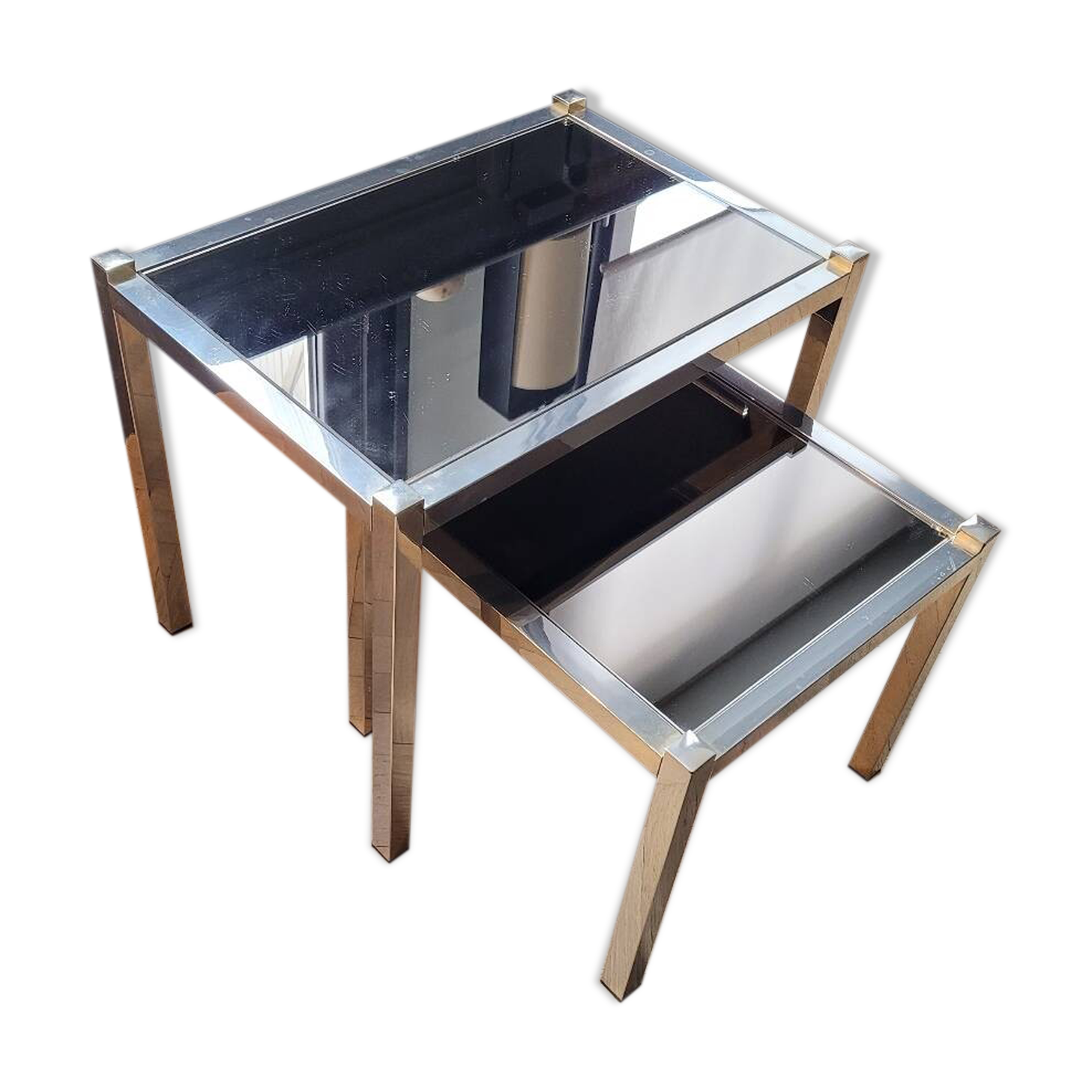 Tables gigognes en métal doré/chromé et miroir ambré