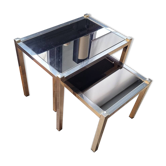 Tables gigognes en métal doré/chromé et miroir ambré