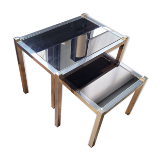 Tables gigognes en métal doré/chromé et miroir ambré