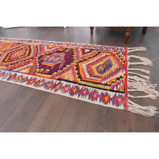 1970s Vintage Turkish Hand-Knotted Wool Cotton Orange Runner Rug 102x330