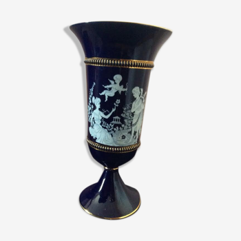 Vase antique en faïence bleu liseré doré