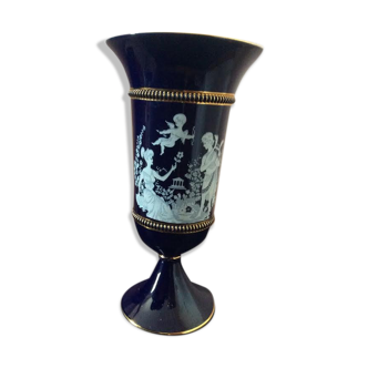 Vase antique en faïence bleu liseré doré